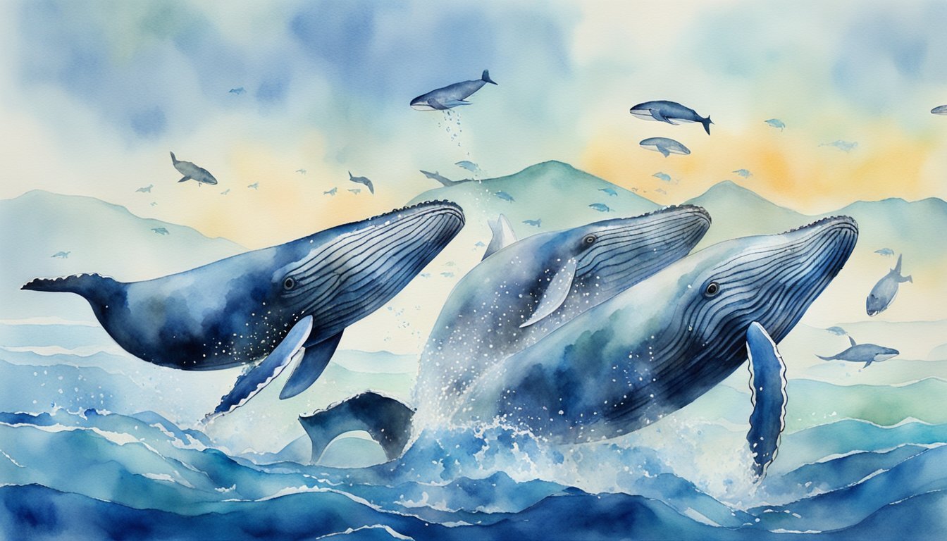 Humpback whales feeding on schools of small fish and krill in the rich, blue waters of the ocean