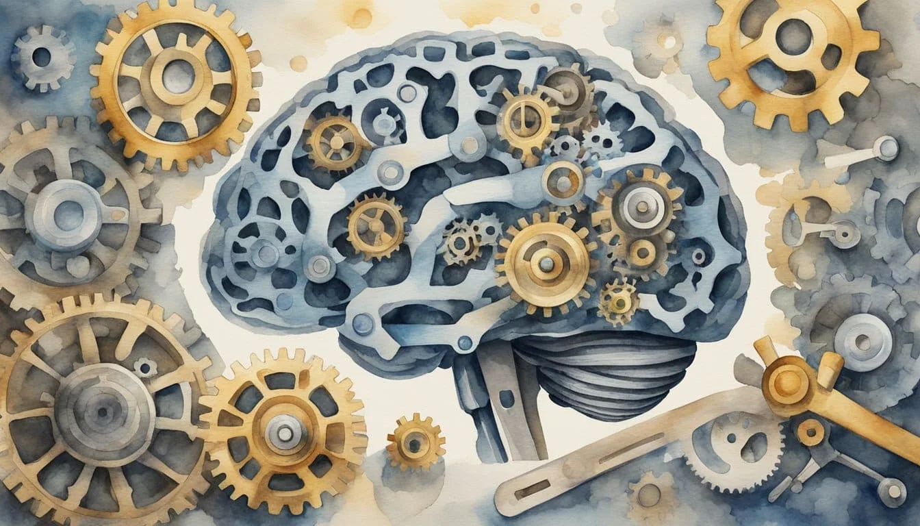 A brain surrounded by gears and measuring tools, symbolizing cognitive abilities and performance factors