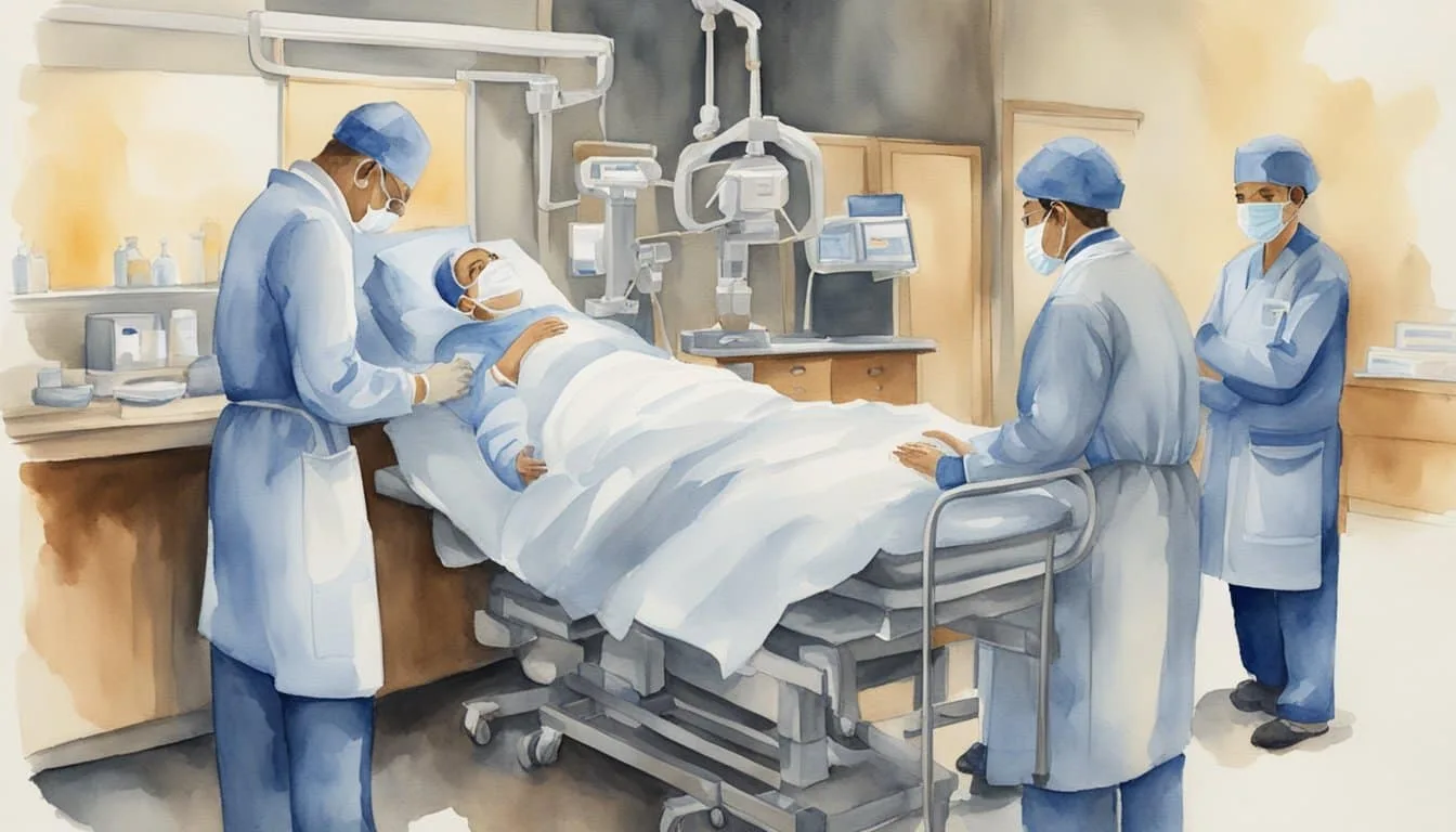 A medical team swiftly responds to a patient with appendicitis. The appendix, a small pouch in the lower right abdomen, becomes inflamed and requires surgical removal