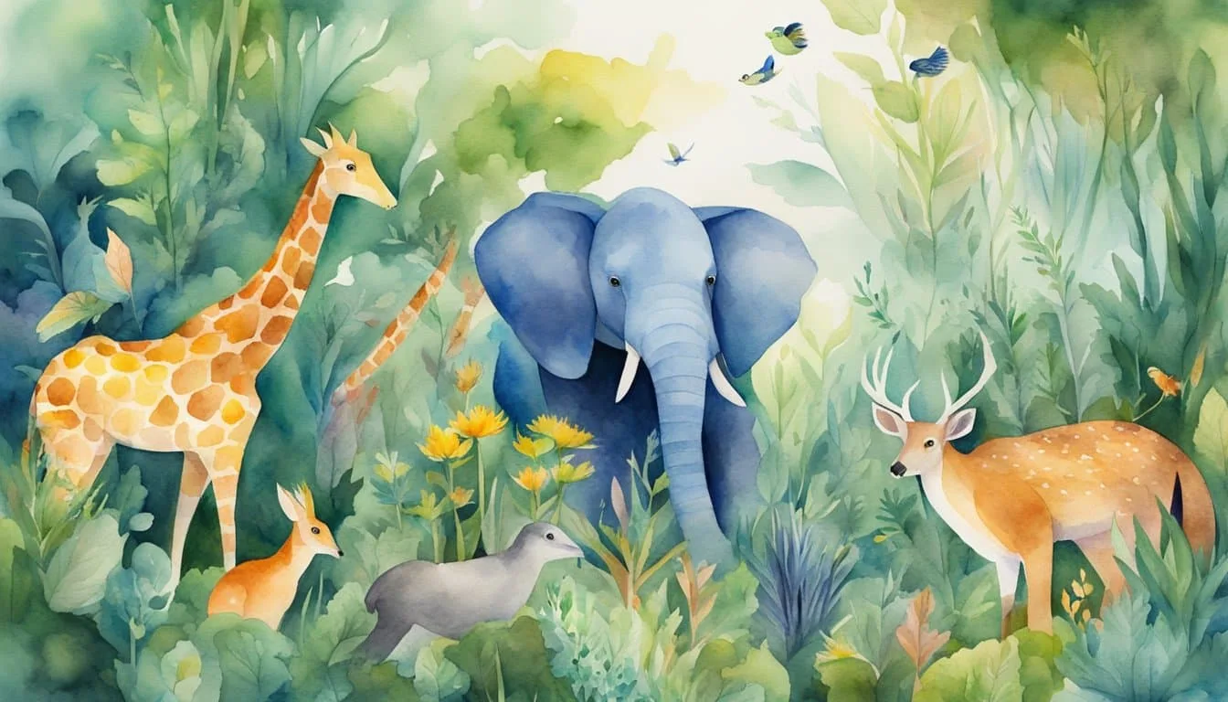 A diverse array of animals and plants coexisting in a vibrant ecosystem, showcasing the concept of species and biodiversity