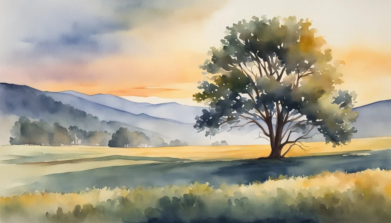 A serene landscape with a calm, still atmosphere. A lone tree stands in the distance, casting a long shadow over the peaceful scene. The sun sets in the background, creating a warm, comforting glow