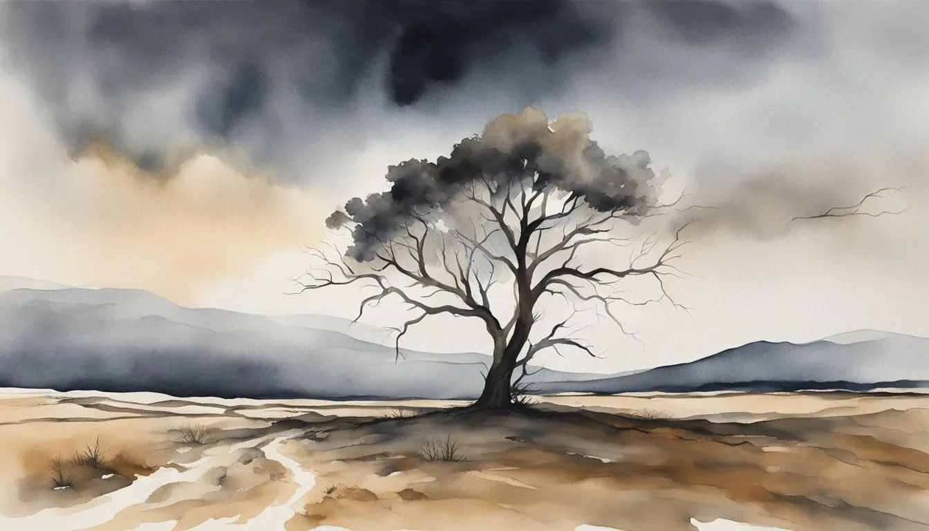 A barren landscape, with a lone tree standing against a dark, swirling sky. The ground is cracked and dry, devoid of life. A sense of emptiness and stillness pervades the scene