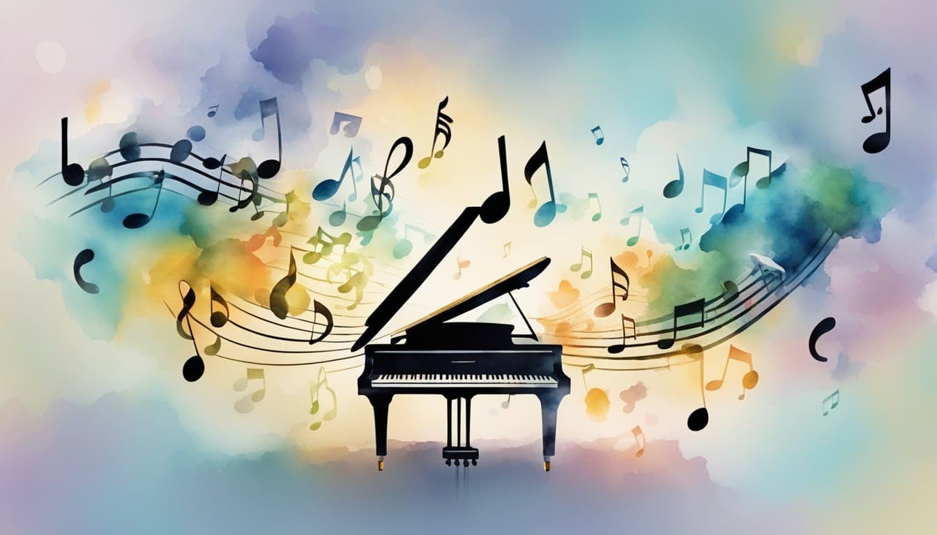 A musical note floating above a piano, surrounded by sound waves and musical symbols