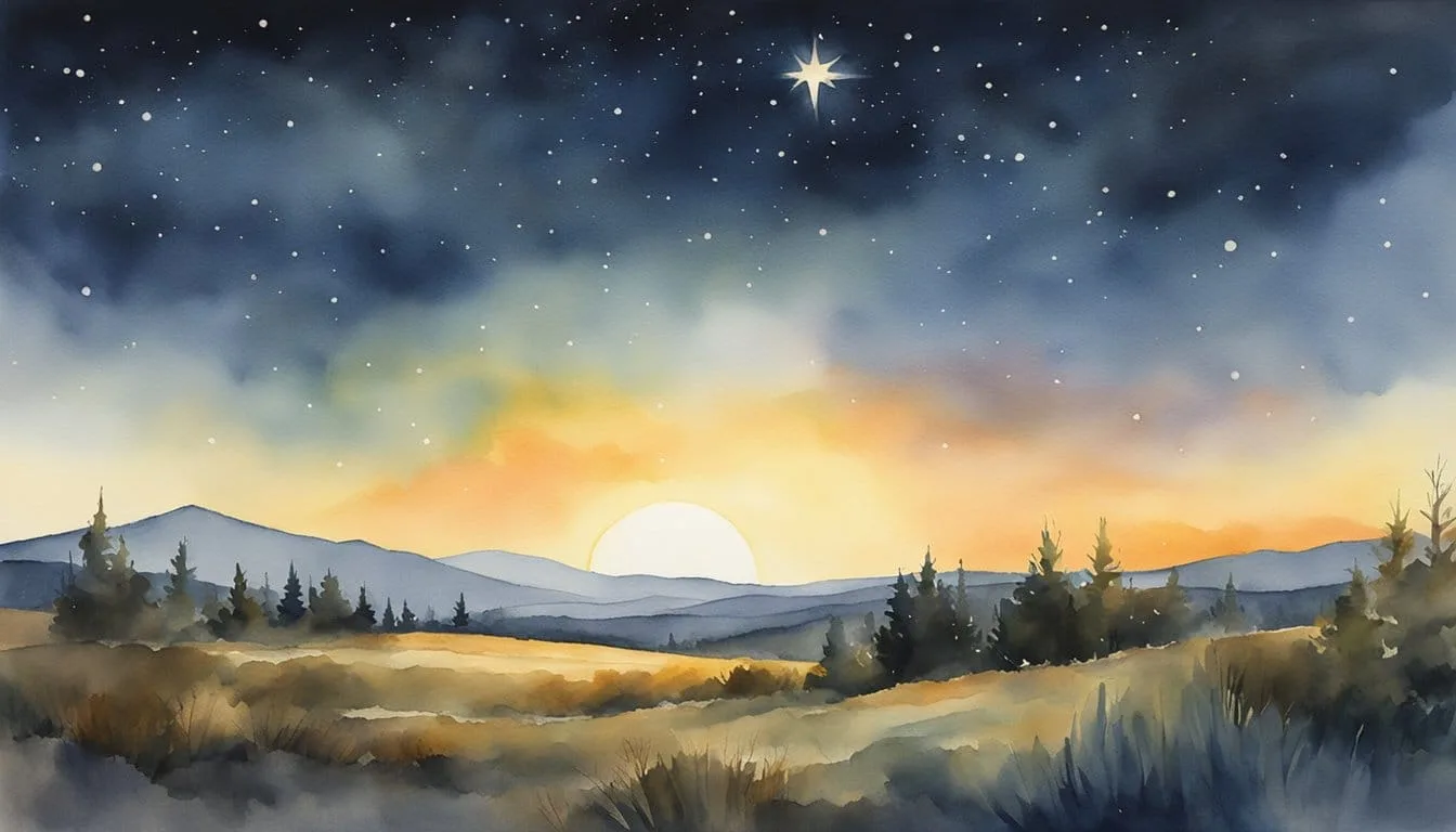 A bright star shines in the western sky, casting a warm glow over the landscape.</p><p>The surrounding area is dark, emphasizing the star's brilliance