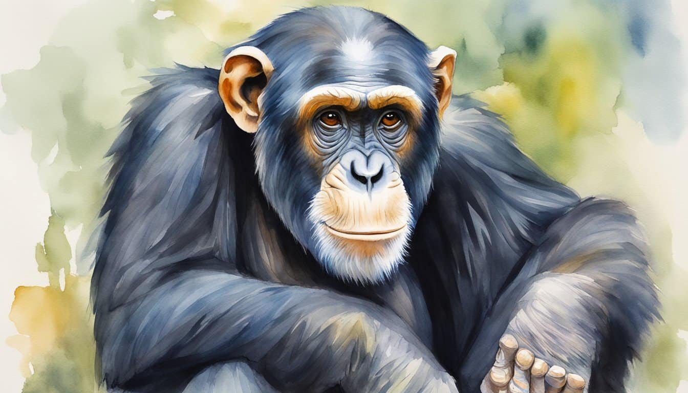 A chimpanzee sits upright, gazing directly at the viewer with a contemplative expression, highlighting the genetic connection with humans