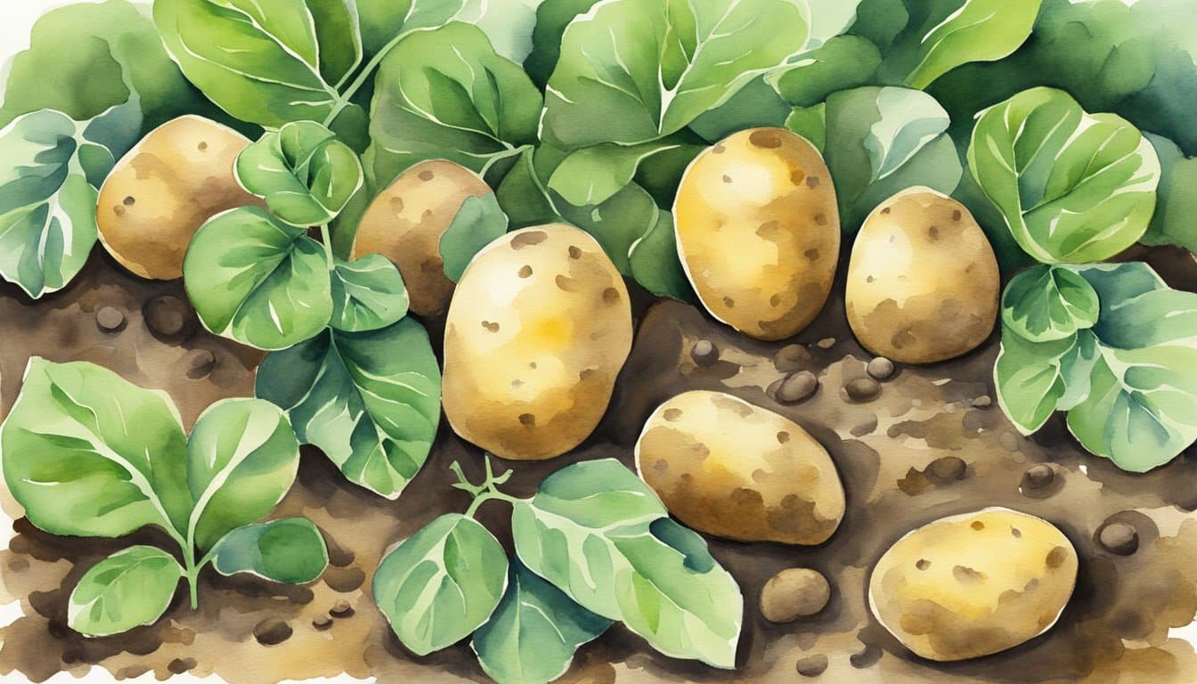 Potatoes grow in a field, surrounded by green leaves.</p><p>They are dug up and washed, ready to be used for cooking and providing essential nutrients