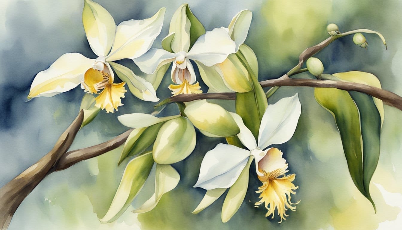 A vanilla orchid blooms, releasing a sweet scent.</p><p>A worker hand-pollinates the flowers.</p><p>Pods ripen on the vine, ready for harvest