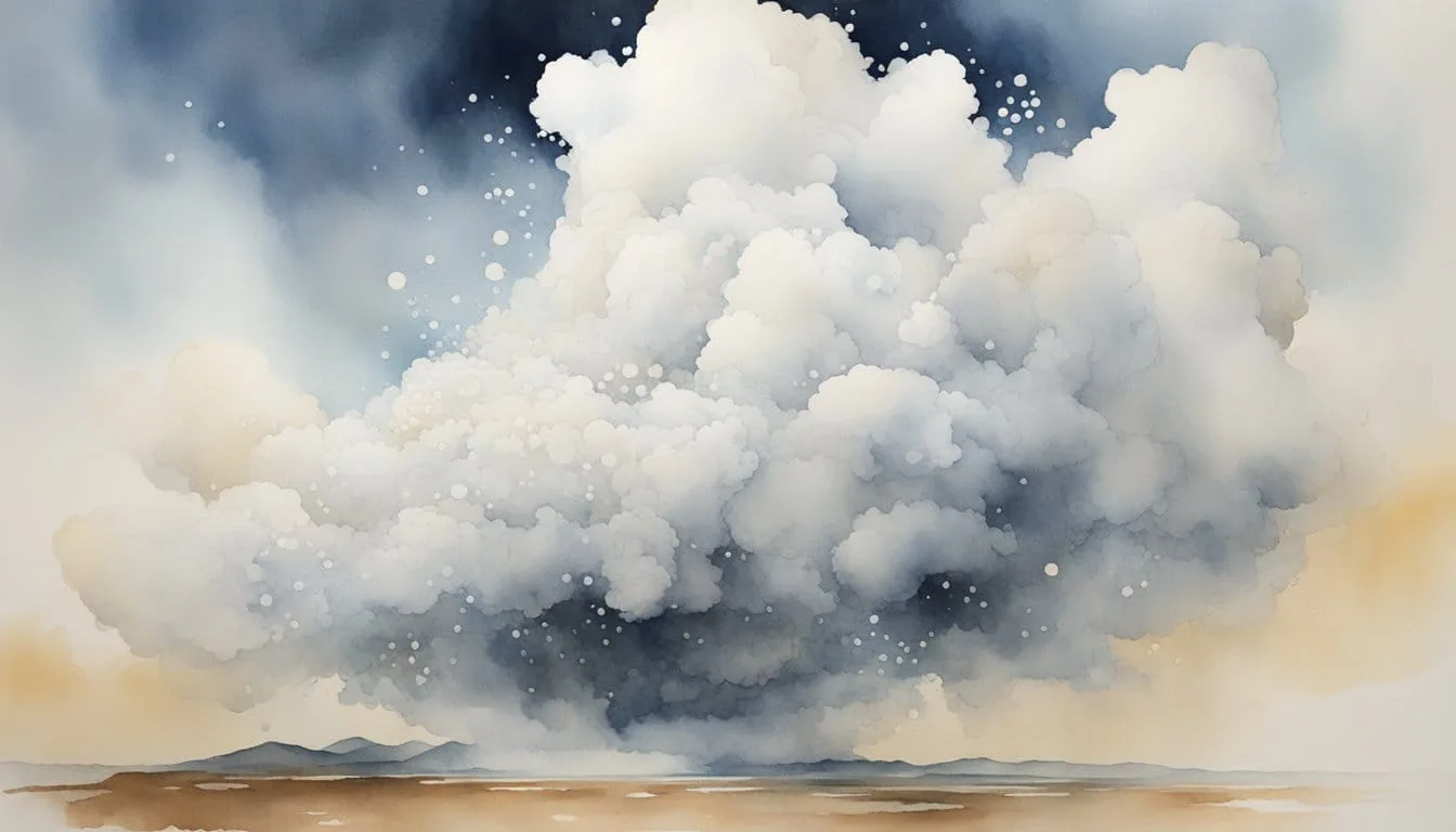 A cloud of white particles spreads from a contaminated source, drifting through the air and settling on surfaces