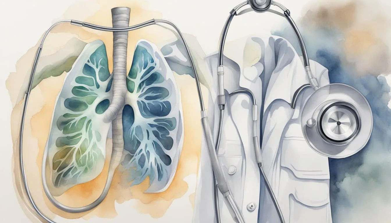 A white, hazy lung with visible symptoms like coughing and shortness of breath. A stethoscope and x-ray showing the affected area