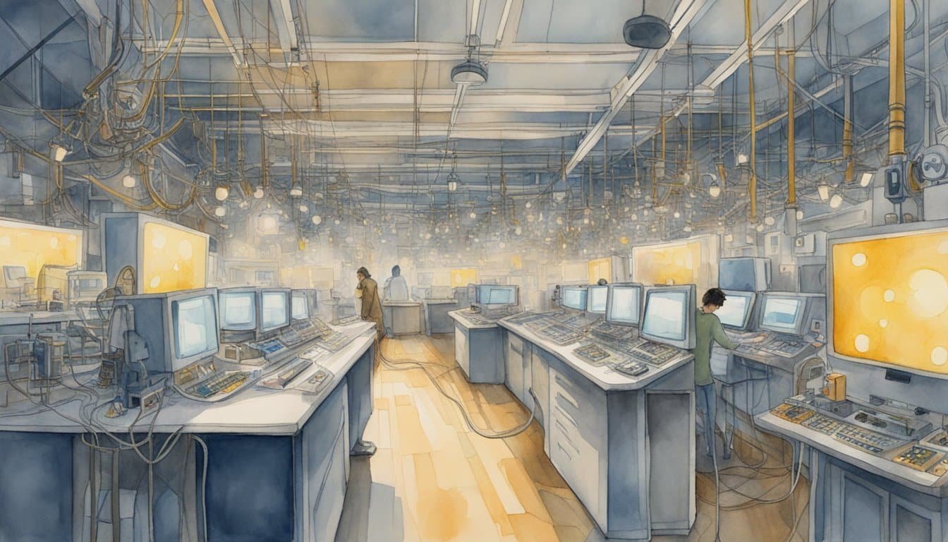 A room filled with buzzing machines and blinking lights, wires snaking across the floor, as a lone figure tinkers with a complex array of switches and dials