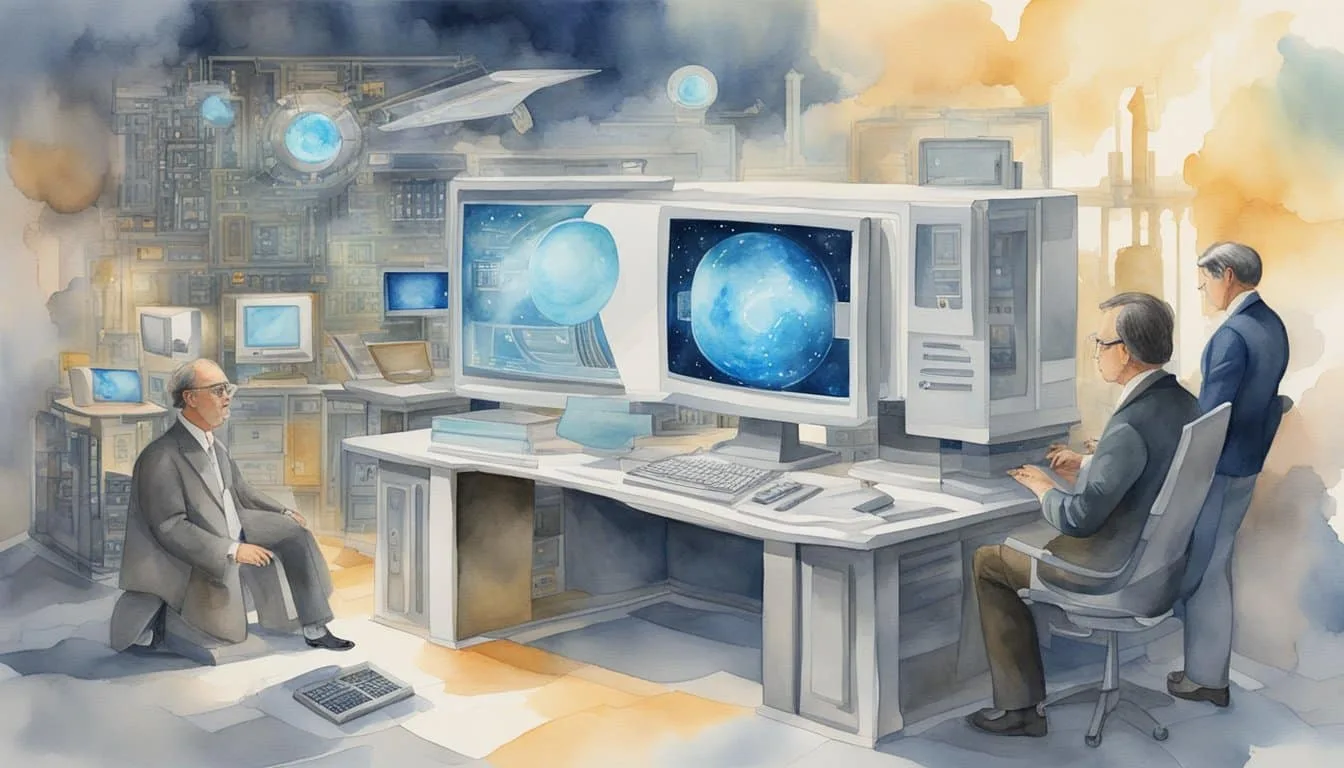 A futuristic computer surrounded by historical figures and modern technology, symbolizing the influence and future of computing