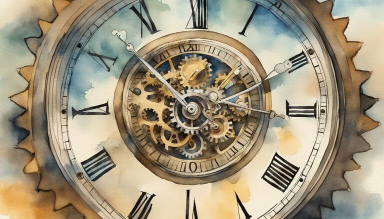 Watercolor painting of intricate clock gears and hands.