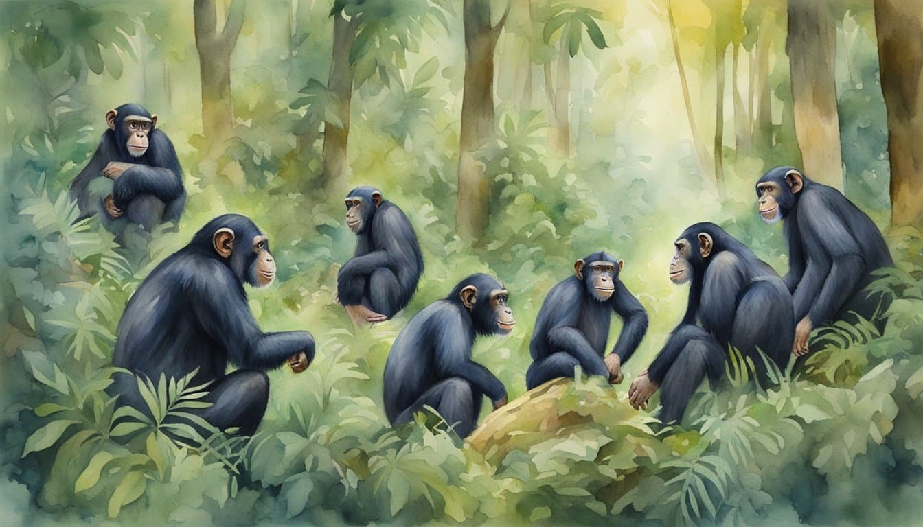 Chimps in a forest, surrounded by loud noises and aggressive behavior from other animals