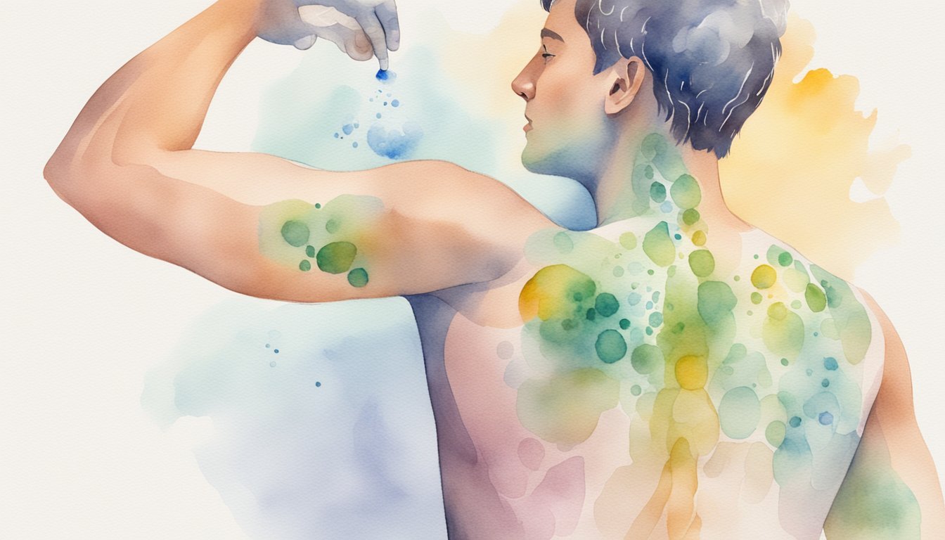 A person applying deodorant to underarm.</p><p>A diagram showing sweat glands and bacteria causing odor