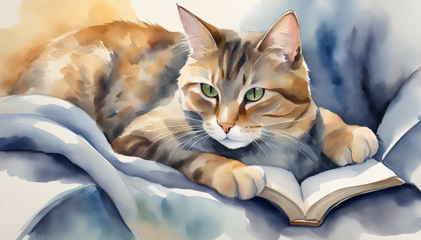 A contented cat sits on a soft blanket, eyes half-closed, gently purring.</p><p>A book on animal behavior sits nearby