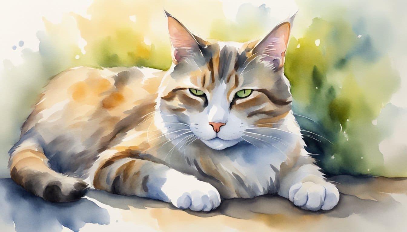 A contented cat lies curled up, eyes half-closed, purring softly.</p><p>Its tail flicks occasionally, conveying a sense of relaxation and comfort