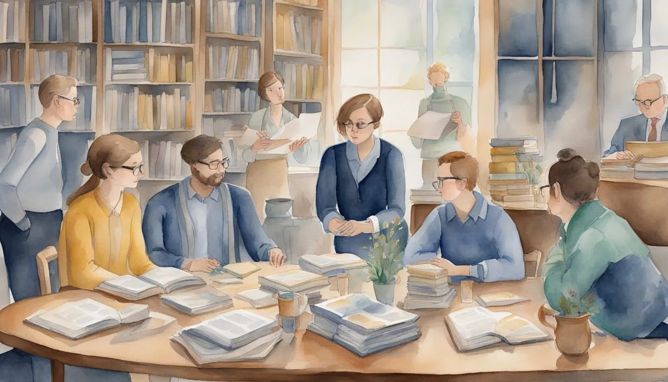 People gather around a table, discussing various conspiracy theories. Books and articles about different theories are scattered around the room, creating a sense of curiosity and intrigue