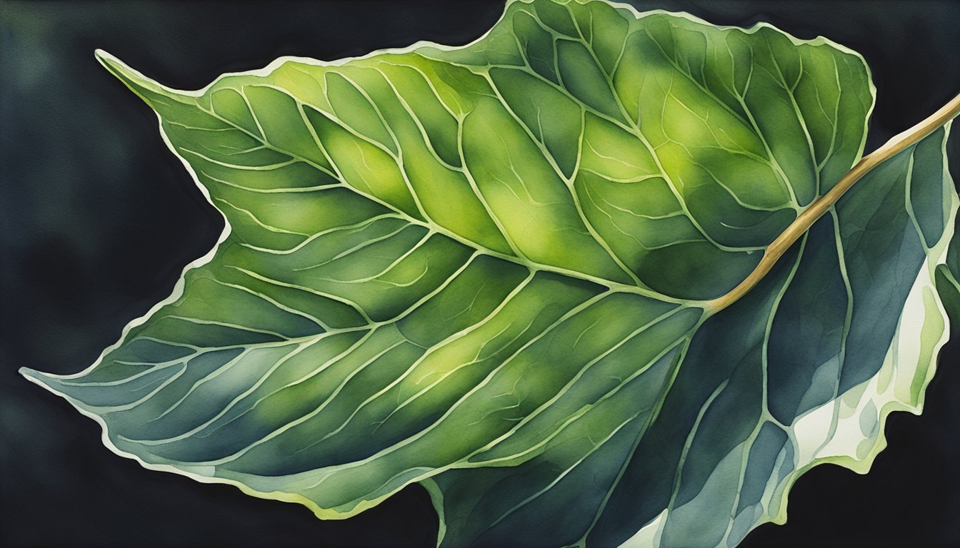 A close-up of a leaf with prominent veins, illuminated by sunlight, against a dark background