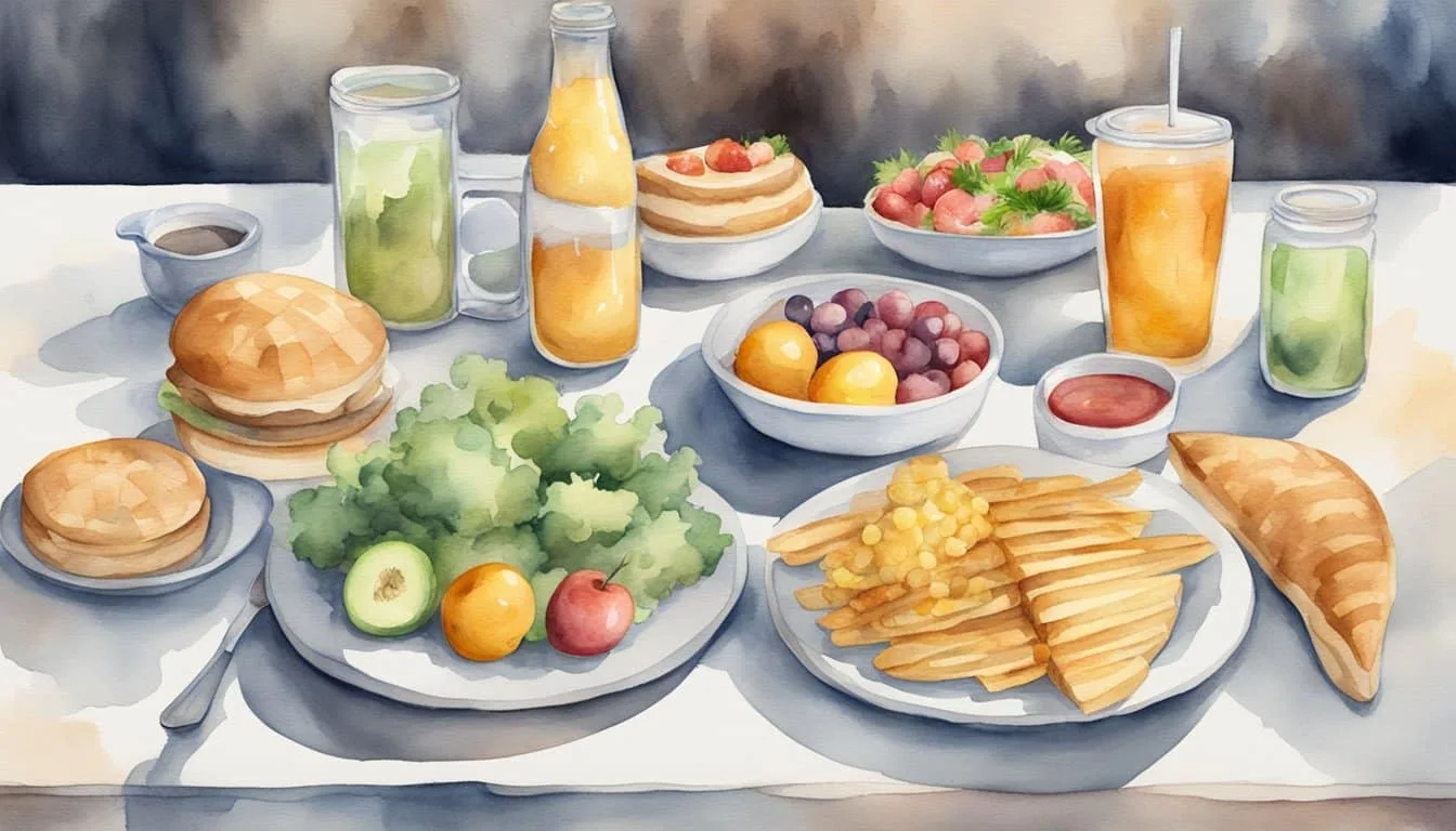 A table set with healthy and unhealthy food. A stomach growling sound effect in the background
