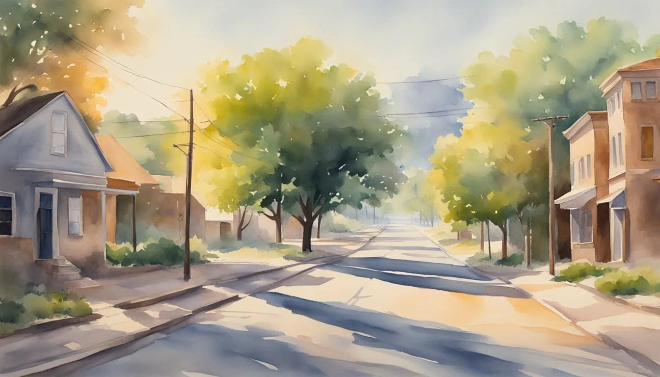 The scorching Texas sun beats down on a deserted street, causing the asphalt to shimmer and the air to ripple with heat waves