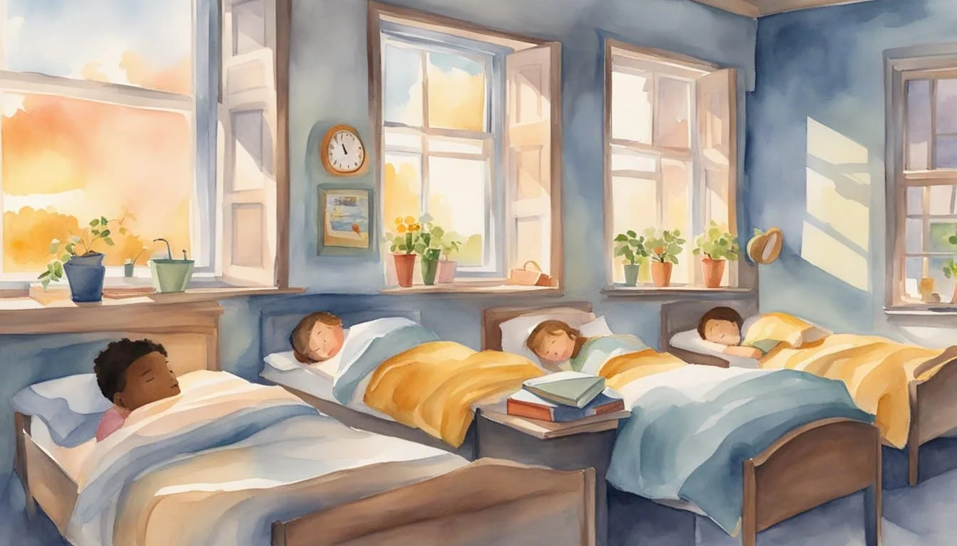Students sleeping peacefully in their beds as the sun rises outside their windows, with alarm clocks showing a later start time for school