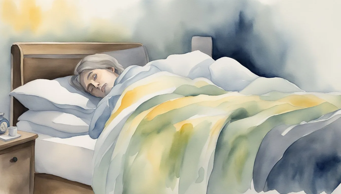 A person lying in bed, eyes wide open, unable to move as a ghostly figure appears before them, representing the biological and psychological factors of sleep paralysis