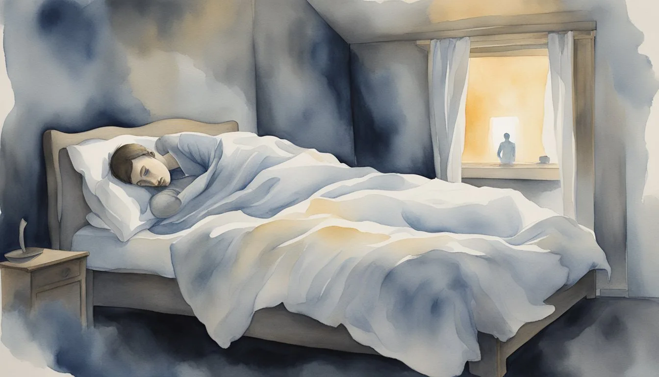 A figure trapped in bed, surrounded by shadowy, ghost-like apparitions. A sense of fear and helplessness permeates the scene