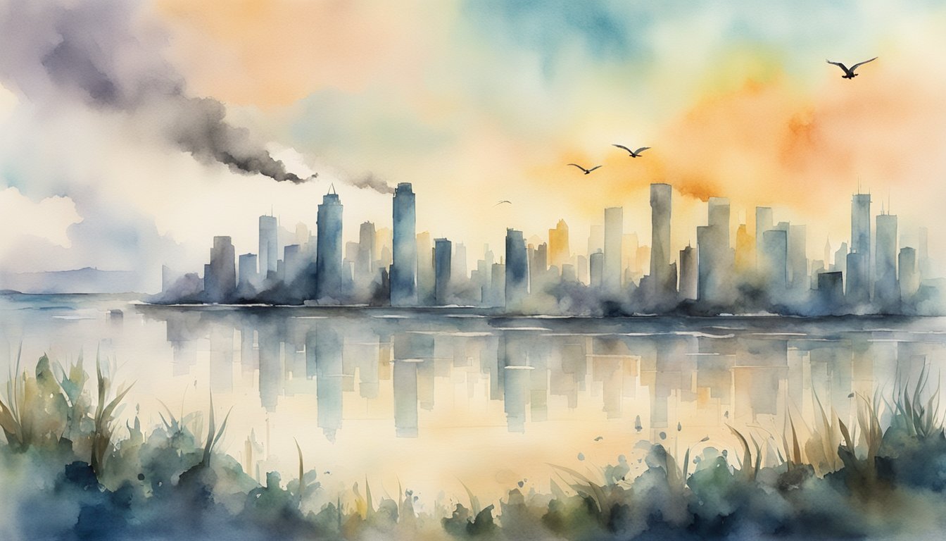 A polluted city skyline with dying wildlife, deforestation, and rising sea levels