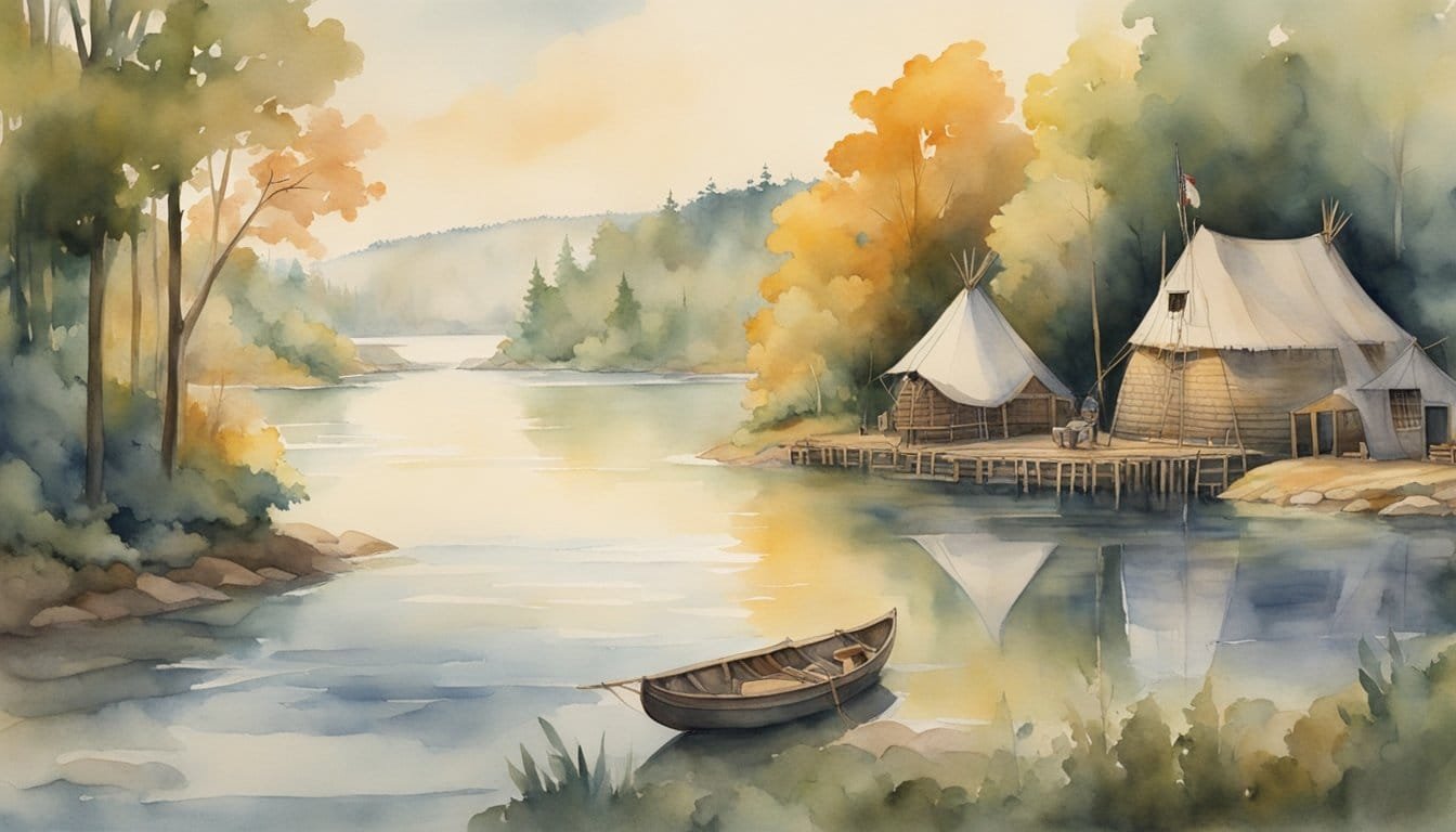 Serene lakeside cabins in watercolor illustration