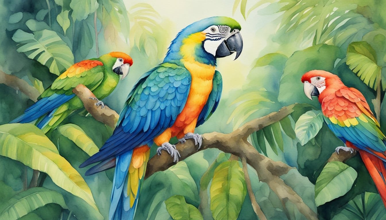 Colorful parrots on branch, tropical forest watercolor painting.