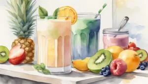 Watercolor of fresh juices and assorted fruits.