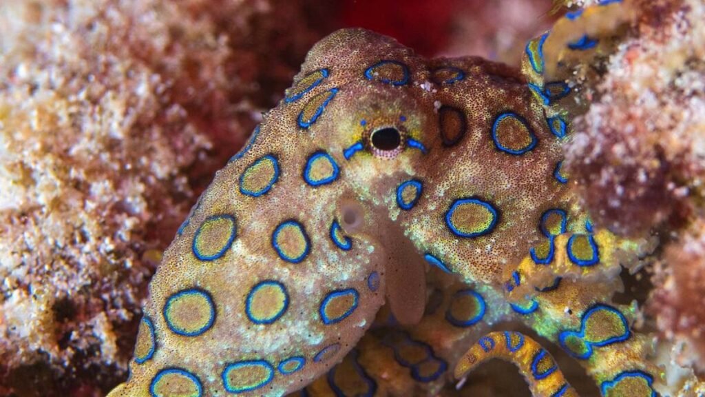 Blue-ringed octopus camouflaged among coral.