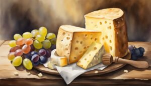 Watercolor of cheese blocks, grapes, and honey dipper.