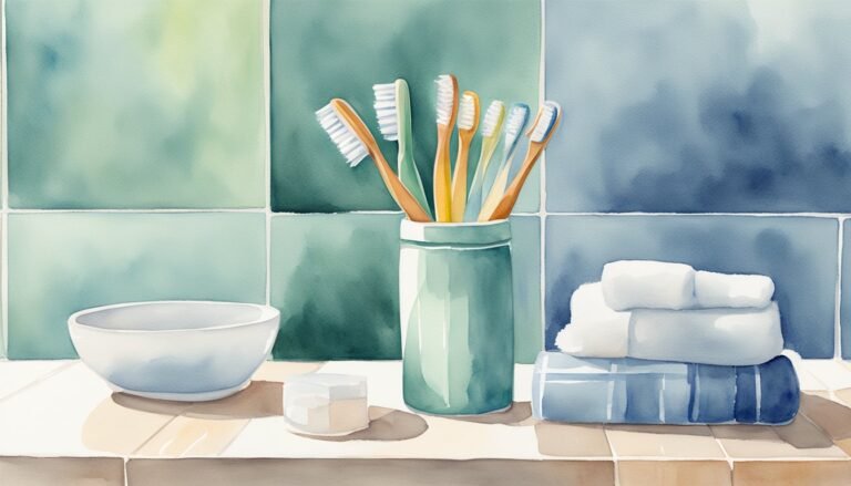 Watercolor bathroom scene with toothbrushes and folded towels.