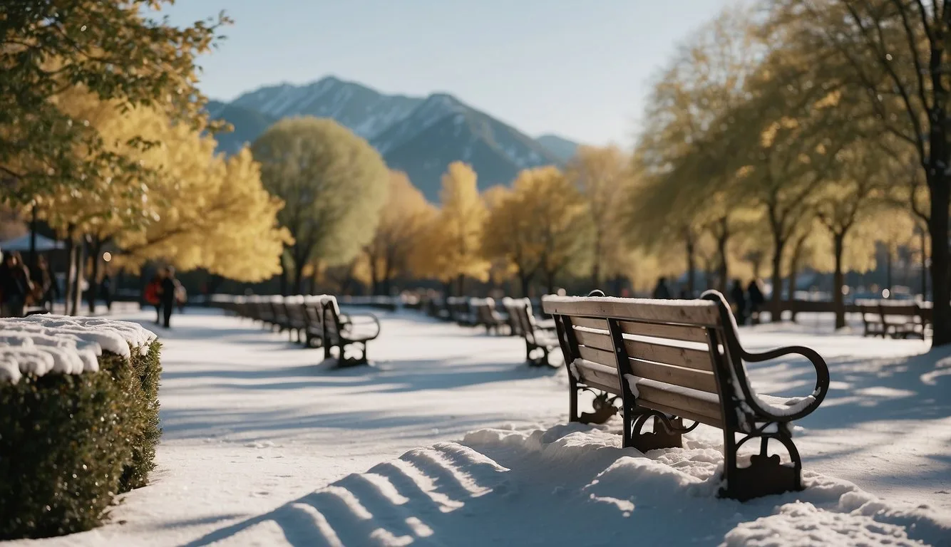 Snowy park with benches and mountains in background.