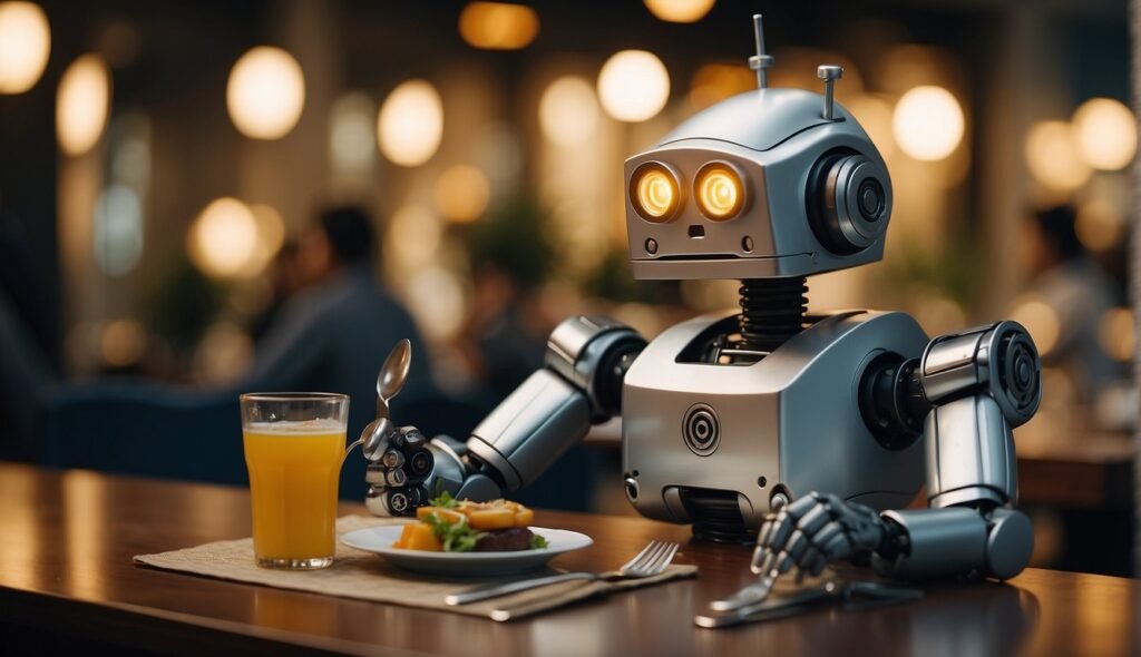 Robot dining at restaurant table with food and juice.