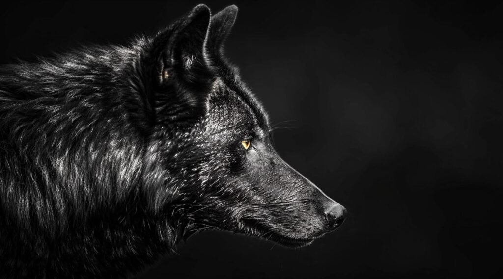 Black wolf profile on dark background.