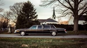 Vintage limousine parked near church at sunset.