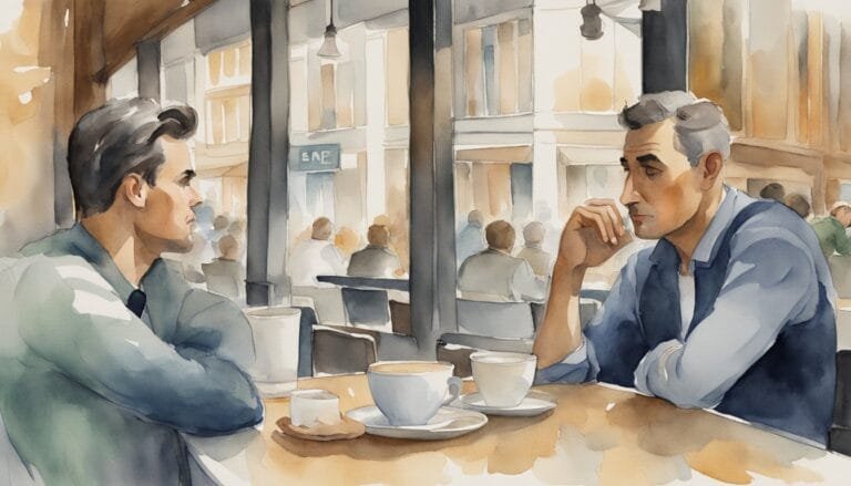 Two men conversing over coffee in a cafe painting.