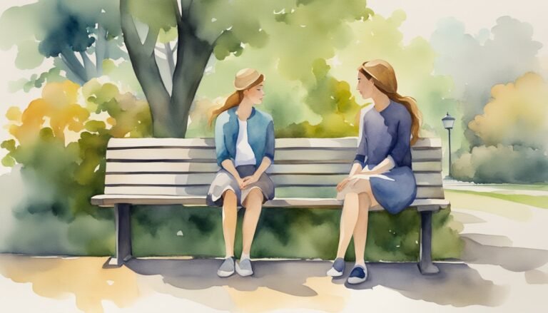 Watercolor of two people conversing on park bench.