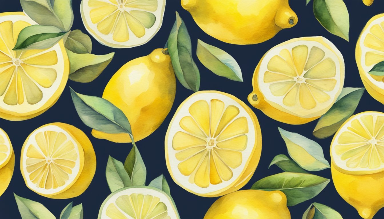 Watercolor illustration of vibrant yellow lemons and leaves.