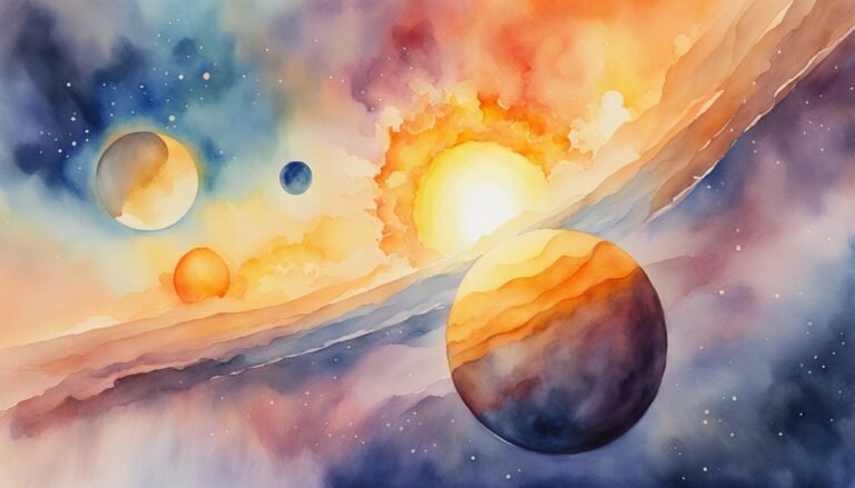 Watercolor cosmic landscape with planets and stars.