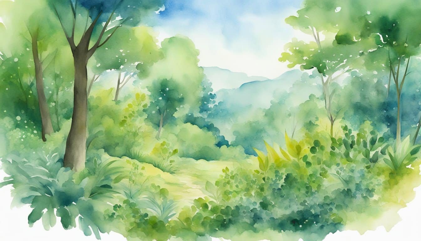 Watercolor painting of a lush green forest scene.