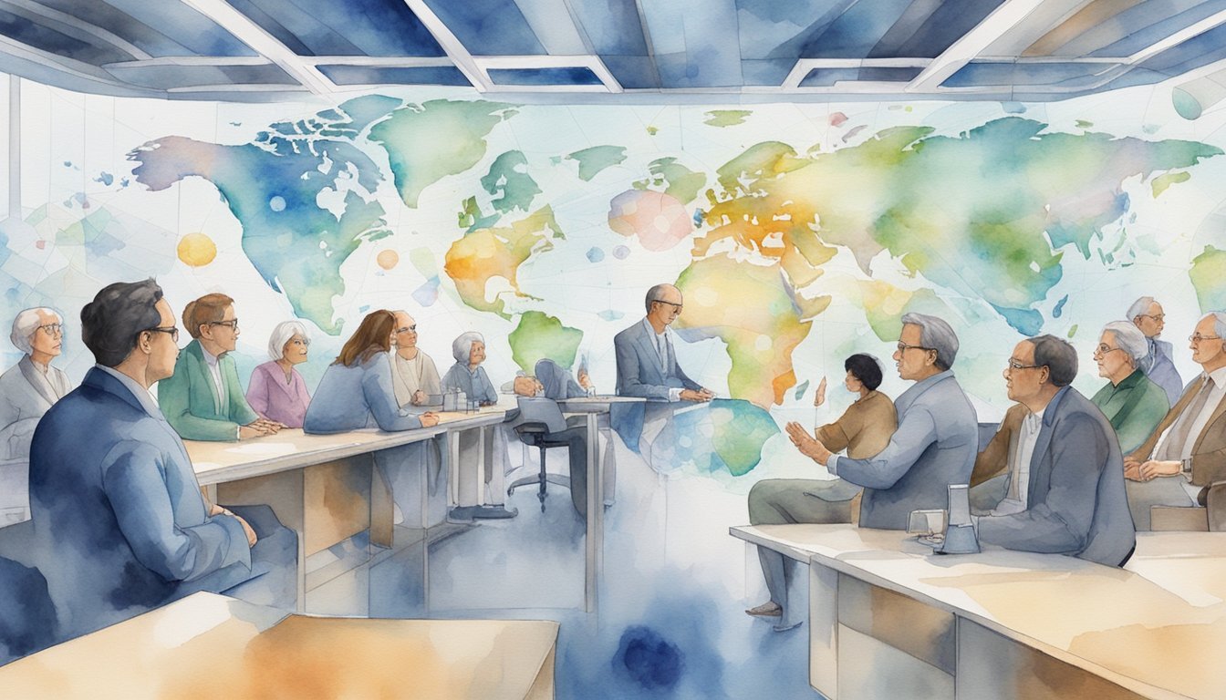 International conference discussion with watercolor world map backdrop.