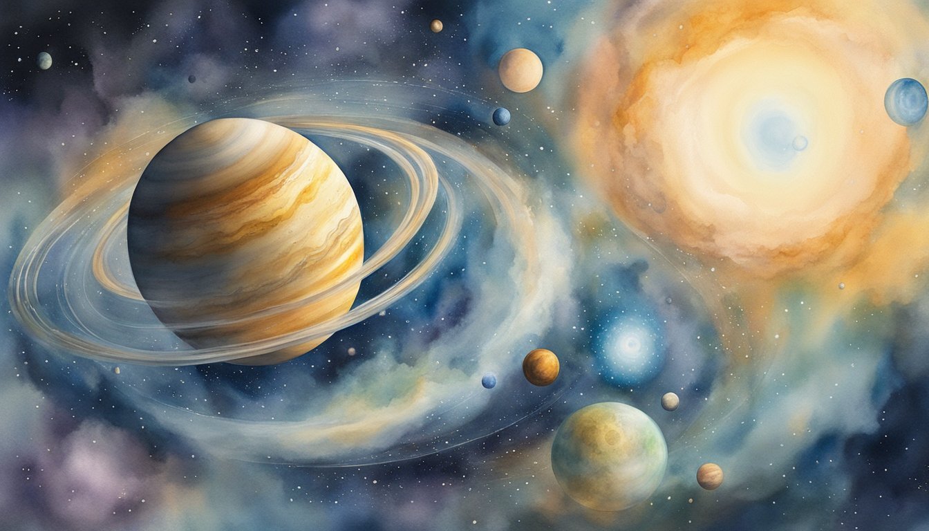 Saturn, planets, and sun in space painting.