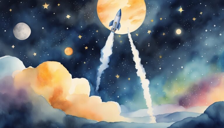 Rocket launch against starry sky watercolor illustration.