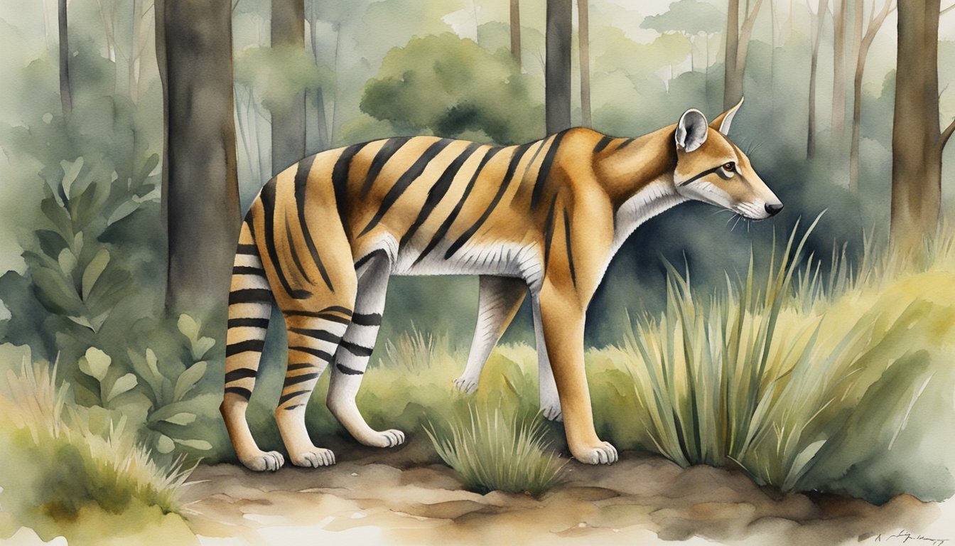 Watercolor of a thylacine in a forest setting.