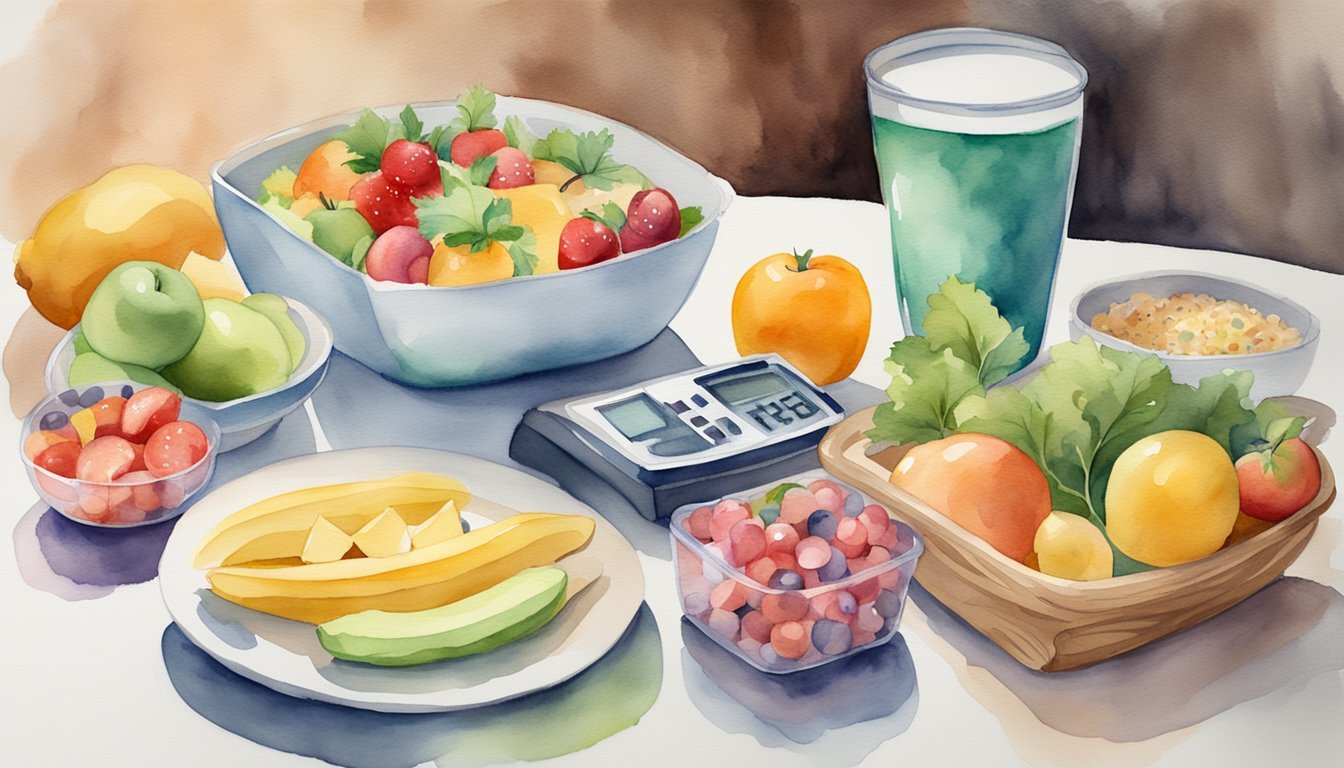 Watercolor painting of healthy food and a calorie counter.