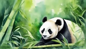 Watercolor painting of a panda among bamboo shoots.