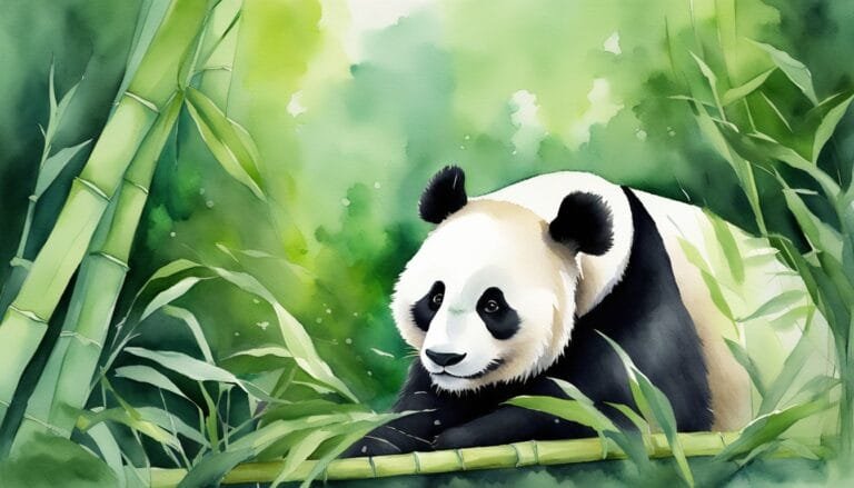 Watercolor painting of a panda among bamboo shoots.